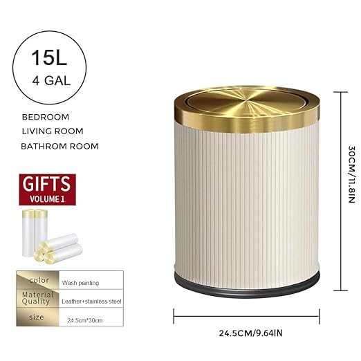 White Gold Bathroom Trash Can,Bedroom Garbage can with lid，Modern Trash Can with Flipping Lid, 4gallon,Garbage cans for Kitchen，Living Room (15L-White)