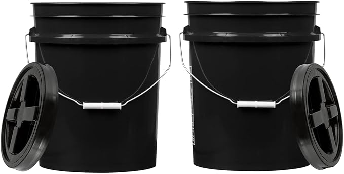 House Naturals 5 Gallon Plastic Black Bucket Food Grade BPA Free with Black Screw on Air Tight Lid(Pack of 2) Made in USA Pail