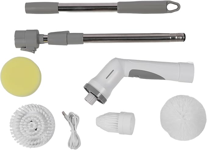 Electric Spin Scrubber, Cordless Bathroom Scrubber Cleaning Brush Cleaner with Adjustable Extension Long Handle, Battery Level Display, 3 Brush Head, 1 Sponge Head