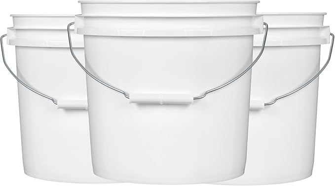 House Naturals 2 Gallon White Bucket with Screw on Lid - Pack of 3 Made in USA contrainers (White Buckets with Black Lids)