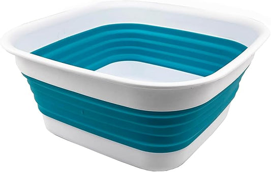 SAMMART 8L (2.1 Gallon) Collapsible Tub - Foldable Dish Tub - Portable Washing Basin - Space Saving Plastic Washtub (White/Ceramic Blue)