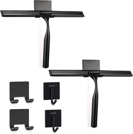 2 Pack All-Purpose Stainless Steel Shower Squeegee with 2 Adhesive Hooks, for Shower Doors, Bathroom, Window, Mirror, Glass, Tile Wall, Car Windshield Cleaning Tool, 10 Inch, (Black)