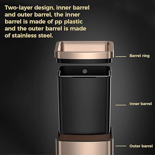 25L/6 Gallon Stainless Steel Square Trash Can, Large Kitchen Garbage Can, Office Commercial Trash Bin Champagne Gold Garbage Can, Large Open Top Waste Basket (25Lgold)