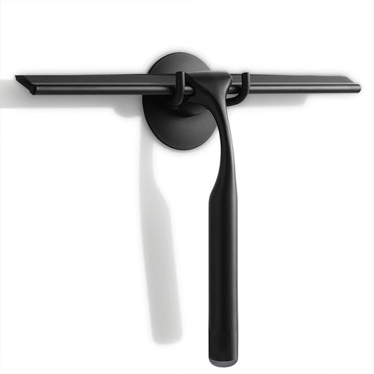 Quntis 10-Inch Matte Black Shower Squeegee for Glass Doors – Stainless Steel with Non-Slip Handle, Replacement Blade & Hook – Ideal for Bathroom, Mirrors, Tiles, and Car Windows