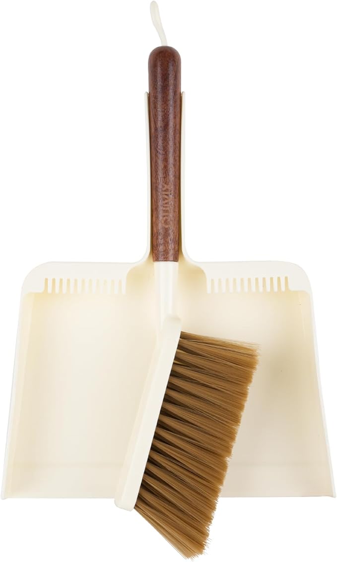 QUIVIX Hand Broom and Dustpan Set,Portable Small Dustpan and Brush Set with Sapele Wood Handle,Teeth Design,Compact Hangable Broom with Dustpan for Cleaning Desktops Kitchen Sofa Pet Hair,Beige