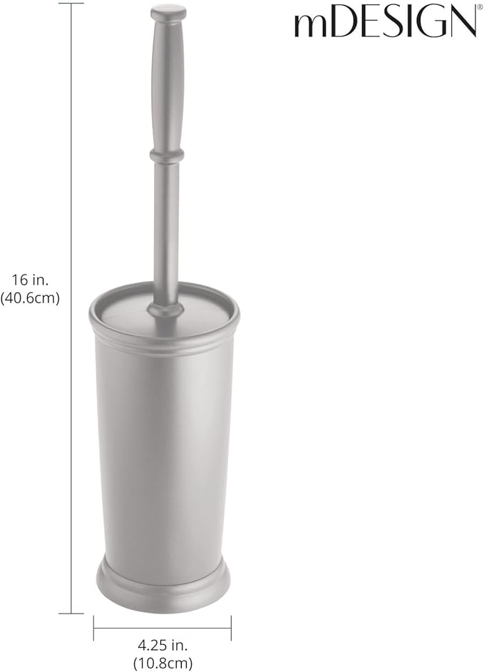 mDesign Compact Freestanding Plastic Toilet Bowl Brush and Holder for Bathroom Storage and Organization - Space Saving, Sturdy, Deep Cleaning, Covered Brush - Silver