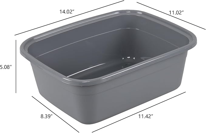 12 Quart Rectangle Plastic Dishpan Basin, 4 Pack Small Dish Tub, Grey