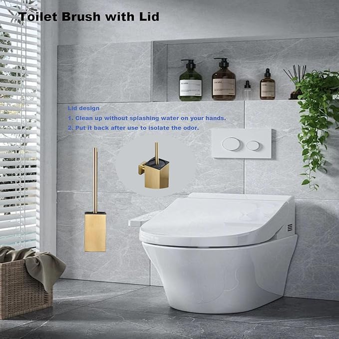 LSWYYP Toilet Bowl Brush and Holder Square,Stainless Steel Square Wall Mounted Toilet Bowl Brush with Lid,Cleaning Toilet Brush Set for Bathroom Brushed Gold