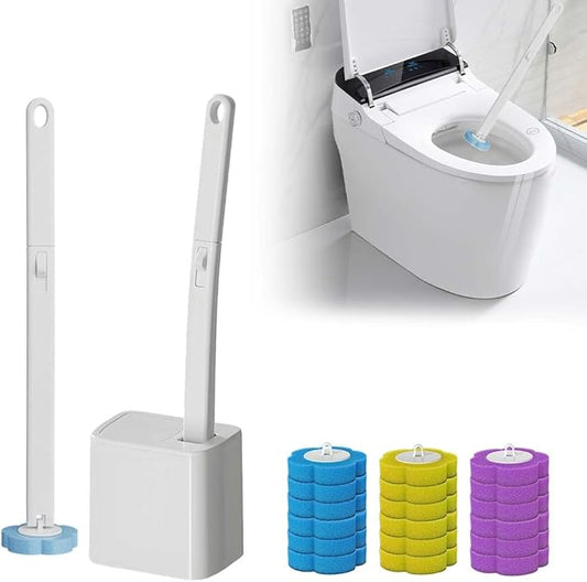Disposable Toilet Brush, Disposable Toilet Cleaning Tool Set with Holder & Refills, Toilet Brush Holder with Extended Handle and 18 Pcs Brush Refills for Bathroom (White)