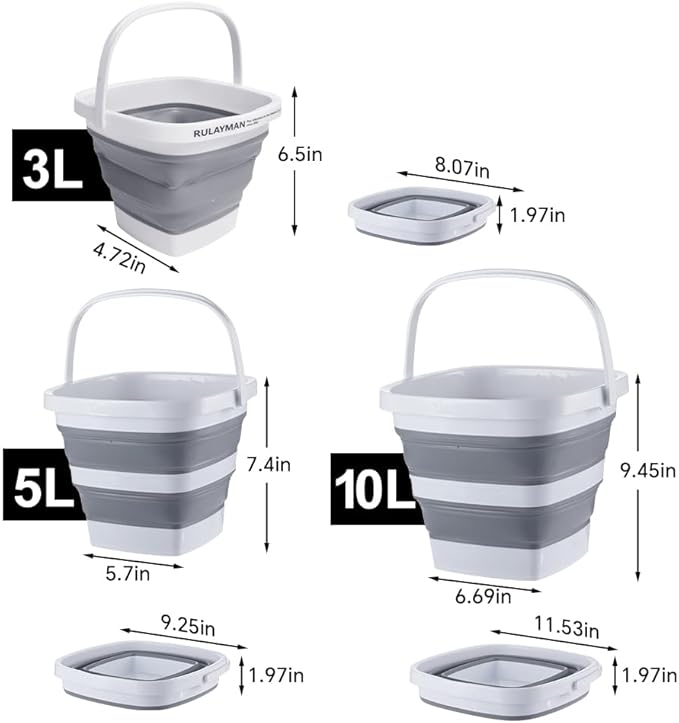 2 Pack Collapsible Plastic Bucket with Handle 0.79 Gallon (3L) Each Foldable Rectangular Tub for Cleaning Camping Essentials Space Saving Outdoor Portable Bucket for Camping