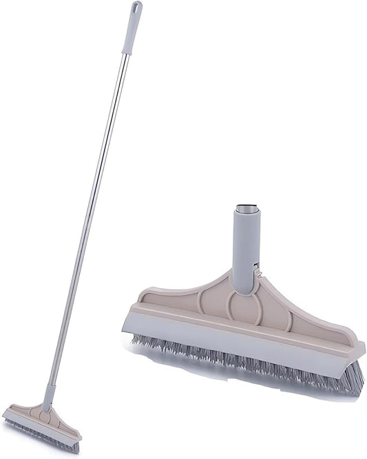 Cleaning Scrub Brush with Long Handle Heavy Duty - 2023 New Shower Powerful 2-in-1 Cleaning Tool with Soft Scraper Squeegee, V-Shaped Bristles Scrubber Deck Brush (Khaki)