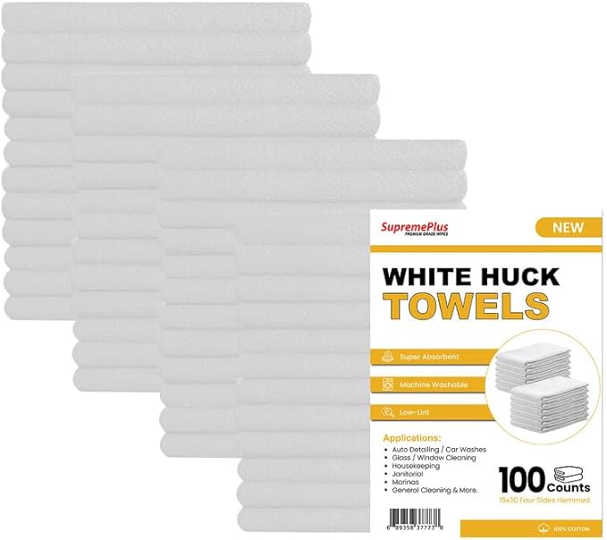 Premium White Huck Towels – (100 Pack) 15 x 30 inches 100% Cotton Bulk Towel for General Cleaning, Auto Shop, and Hospital Use, Super Absorbent, Machine Washable Cloth