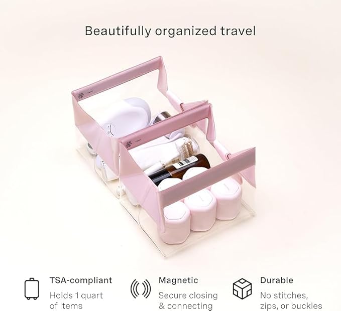 Cadence Parcel - Clear Dopp Kit with Magnetic Closure - Durable and Leak-Resistant Travel Toiletry Kit - Modular Design - Hygiene Bag for Travel Essentials - 2 Qt - Rose