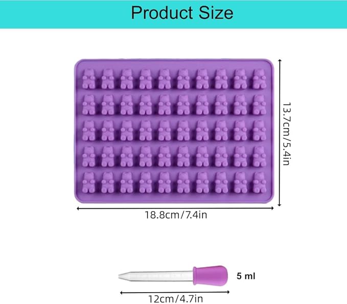 2 Piece Gummy Bear Silicone Molds, Non-Stick Chocolate Candy Mold with 2 Droppers Food Grade (Purple)