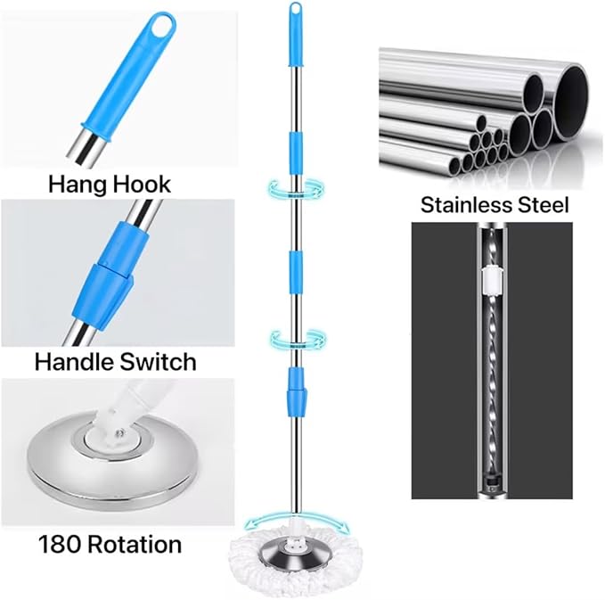 Spin Mop and Bucket with Wringer Set, 360° Mop and Bucket Set for Floor Cleaning, Stainless Steel 61" Adjustable Extended Handle with 3 Microfiber Mop Refills, Blue
