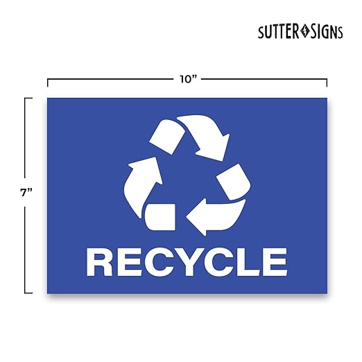 Recycle Stickers, Self Adhesive Weatherproof Vinyl Stickers, Blue, 7" x 10" (Pack of 4)