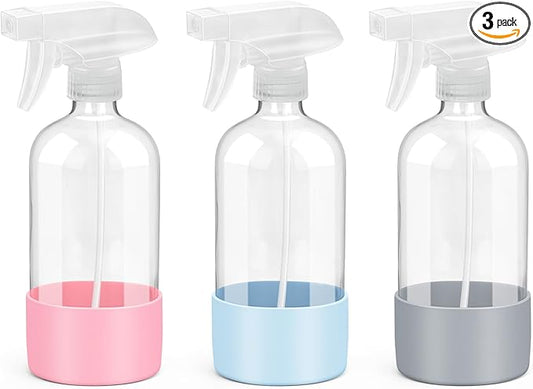 Glass Spray Bottles with Silicone Sleeve Protection, Empty 16 oz Refillable Containers, Reusable Spray Bottles with Adjustable Nozzle for Hair, Cleaning Solutions, 3 Pack Grey&Blue&Pink