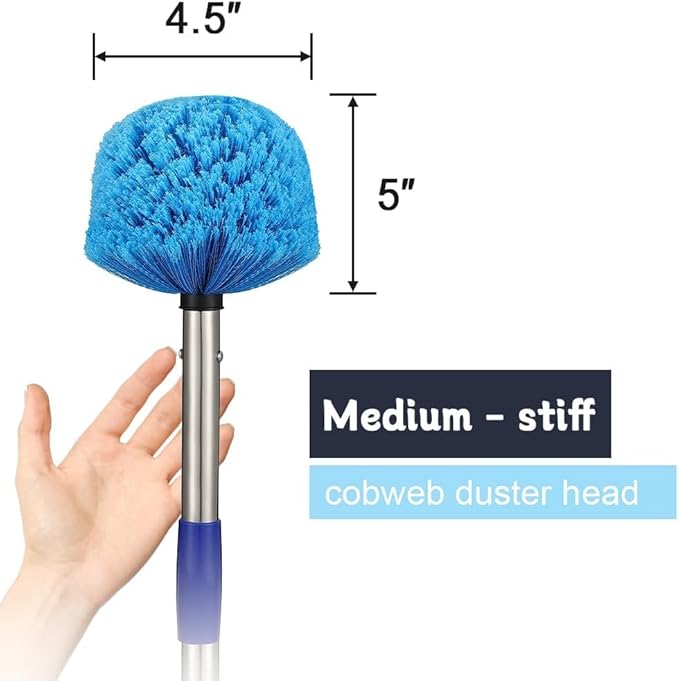 Extended Reach Cobweb Duster with 4-Foot Pole - Medium Bristle Brush for Ceiling, Wall, and Indoor/Outdoor Cleaning, Lightweight Stainless Steel (4FT)
