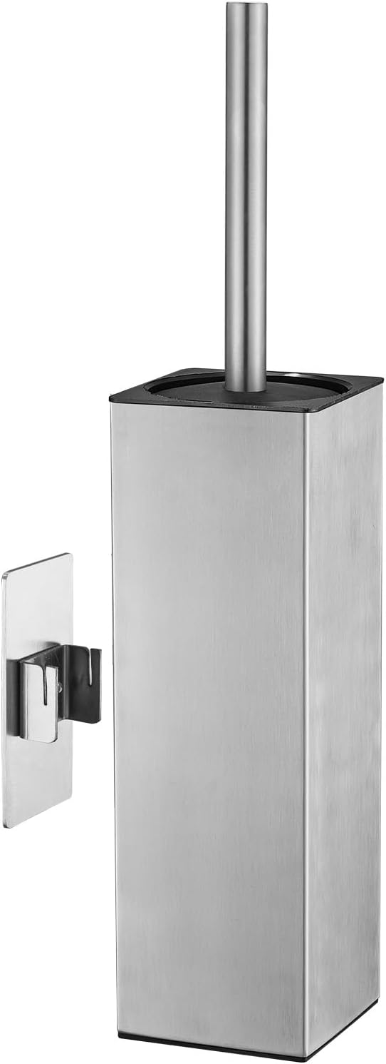 Brushed Gold Stainless Steel Toilet Brush, Square No-Punch Hook Base Toilet Brush Holder Removable Inner Bucket and Splash Proof Cover - Soft Bristles (Non-Drill Square Plastic caps Brushed)
