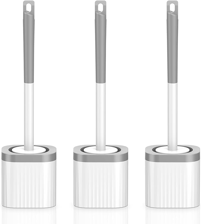 EZKEY Toilet Brush, 3 Pack Toilet Brush and Holder Set with Nylon Bristles Toilet Bowl Brush Compact Hidden Scrubber Brushes for Bathroom Deep Cleaning, Grey & White