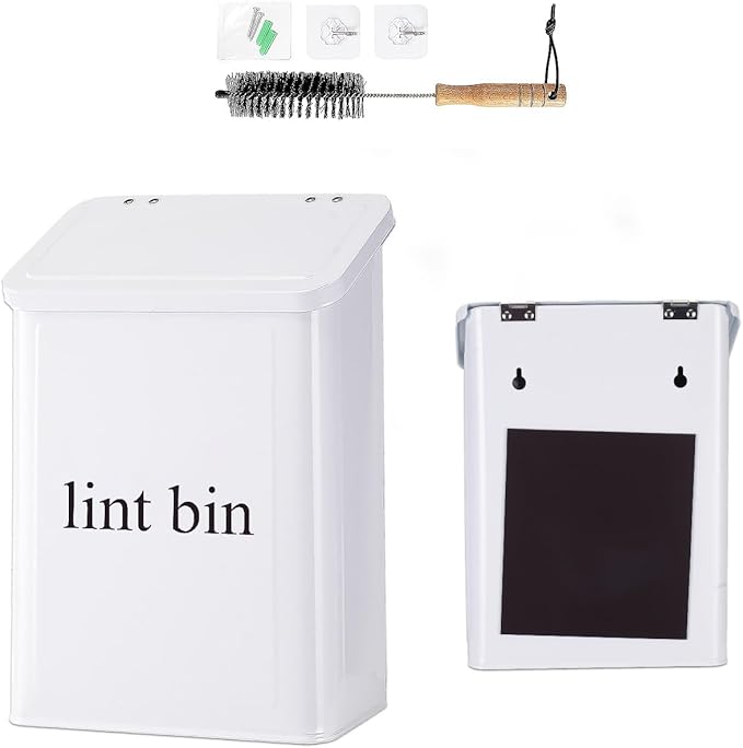 Magnetic Lint Bin with Lint Brush, Two White Hooks, one Black Back Side Hook & All Accessories for Laundry Room Decor, Wall-Mounted Lint Bin with Lid, White Powder Coated, Space-Saving Trash Can