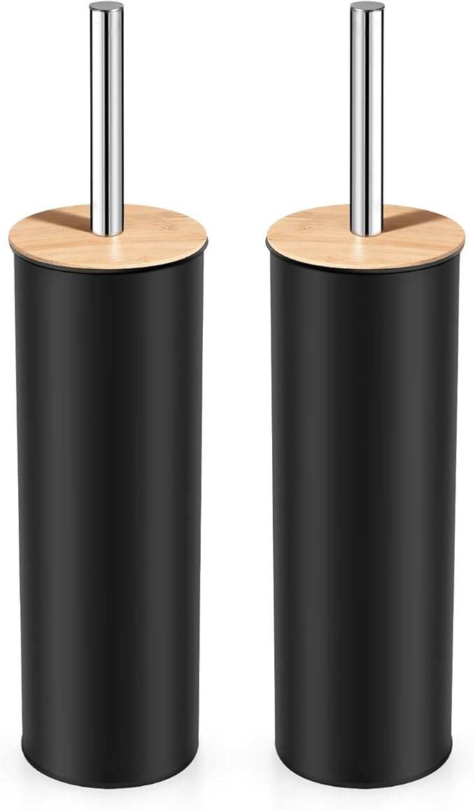 ODJSY Compact Toilet Brush and Holder 2 Pack,SetStainless Steel Handle Toilet Brush,Deep Cleaning,Durable Nylon bristles,Splash-Proof Design(White&Black)