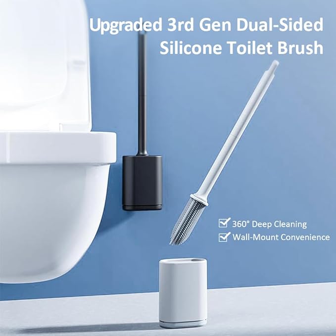 Kucucyle Dual-Sided RV Silicone Toilet Brush with TPR Bristles & Detachable ABS Handle Set, Wall Mountable Toilet Bowl Brush,Flexible Cleaners Brushes for 360°Deep Cleaning Bathroom/Camper (Black)