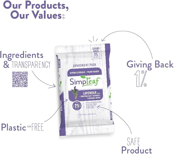 Simpleaf Flushable Wet Wipes Lavender| Eco-Friendly, Paraben & Alcohol Free | Hypoallergenic & Safe for Sensitive Skin | Soothing Aloe Formula | (24 x 25 Counts Convenient Pack) 600 Counts Total