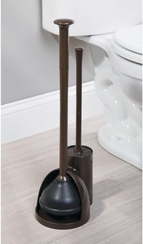 mDesign Hidden Plunger and Brush Set for Toilet Bowl - Brush Cleaner and Plunger Combo with Holder Caddy for Bathroom - Modern Toilet Brush and Plunger Set - Aura Collection - 2 Pack - Dark Brown