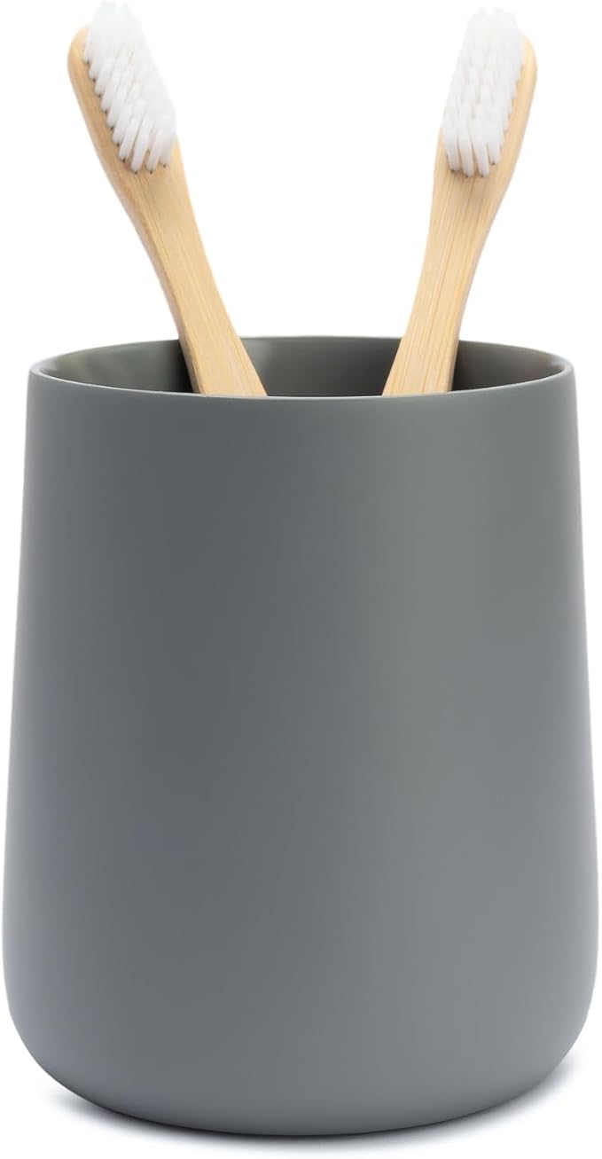 Yew Design Matte Gray Toothbrush and Toothpaste Holder and Cup for Bathroom Vanity and Countertop, Round Organizer for Electric Toothbrushes, Floss, Razors, Cotton, and Mouthwash