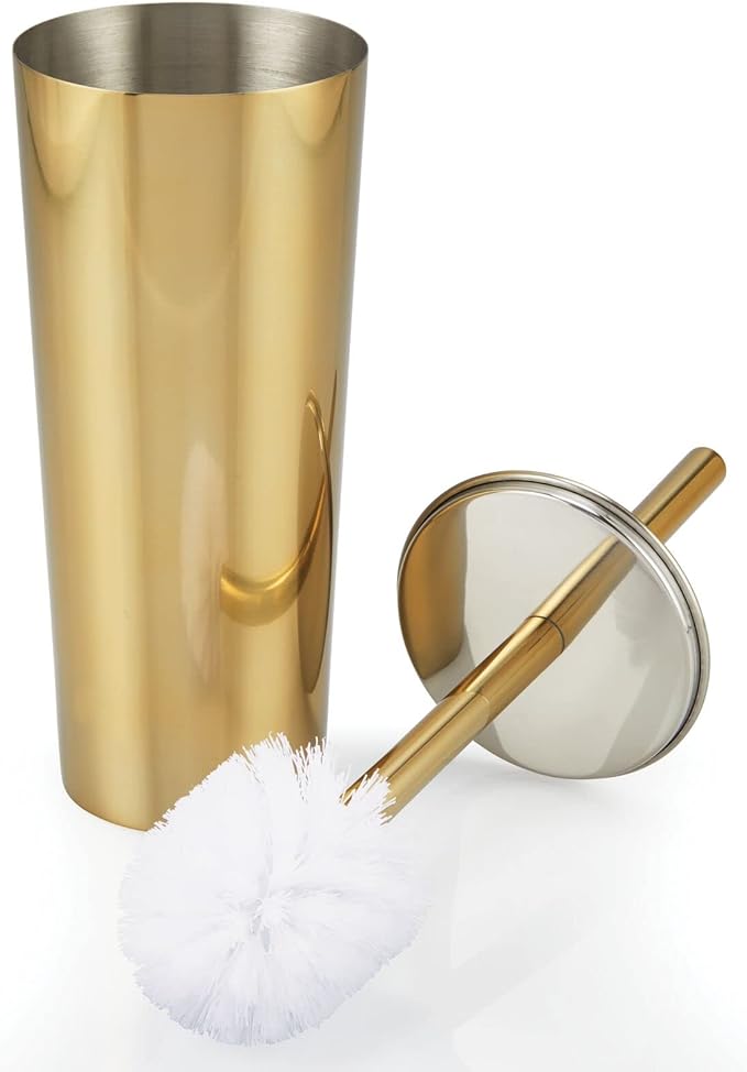 mDesign Round Metal Modern Compact Freestanding Plastic Toilet Bowl Brush and Round 6.4 Liter/1.7 Gallon Wastebasket Garbage Can Combo Set for Bathroom Cleaning - Mirri Collection - Set of 2 - Brass