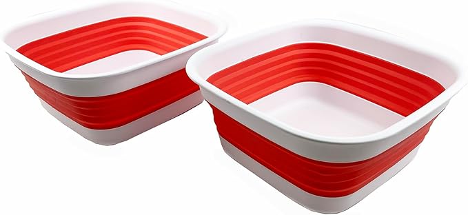 SAMMART 8L (2.1 Gallon) Collapsible Tub - Foldable Dish Tub - Portable Washing Basin - Space Saving Plastic Washtub (White/Coral Pink (Set of 2))