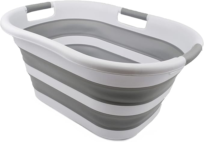 SAMMART 40L (10.5 gallons) Collapsible Plastic Laundry Washing Tub - Foldable Pop Up Laundry Basket/Hamper - Portable Washing Tub - Pop Up Saving (White/Grey)