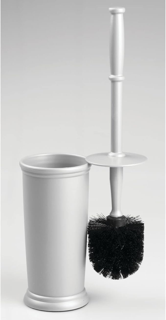 mDesign Compact Freestanding Plastic Toilet Bowl Brush and Holder for Bathroom Storage and Organization - Space Saving, Sturdy, Deep Cleaning, Covered Brush - Silver