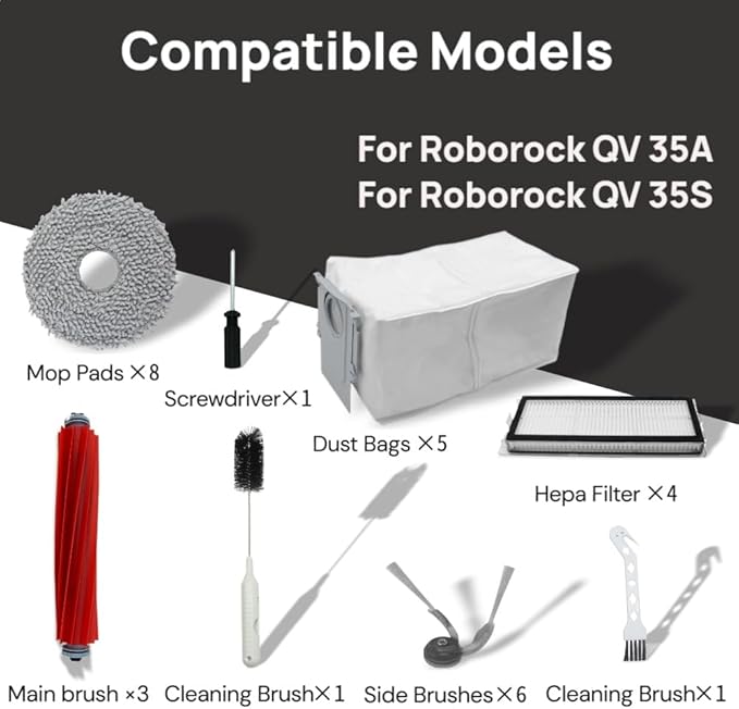（29 Pcs） Replacement Accessories Kit Compatible with Roborock QV 35A/QV 35S Robot Vacuum, 3 Main Brush, 6 Side Brush, 4 HEPA Filter, 8 Mop Pads, 5 Dust Bag,2 Cleaning Brush, 1 Screwdriver