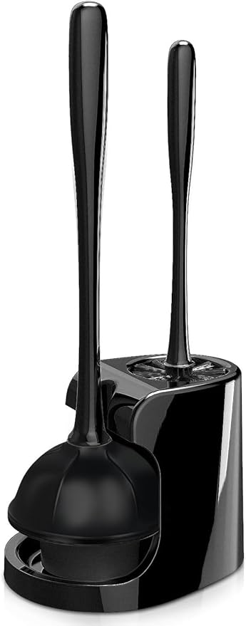 2 in 1 Toilet Brush and Plunger Set - Toilet Brush with Solid Handle, Stand and Holder for Deeply Cleaning in Bathrooms - Plastic Toilet Brush and Holder Set in Black