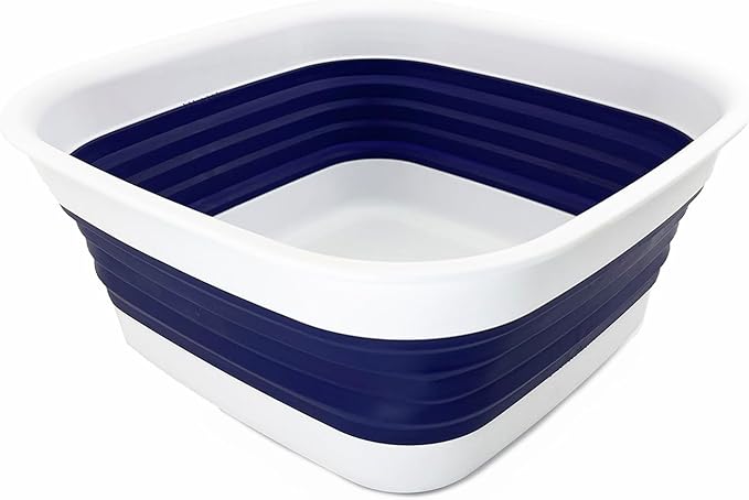 SAMMART 8L (2.1 Gallon) Collapsible Tub - Foldable Dish Tub - Portable Washing Basin - Space Saving Plastic Washtub (White/Navy Blue)