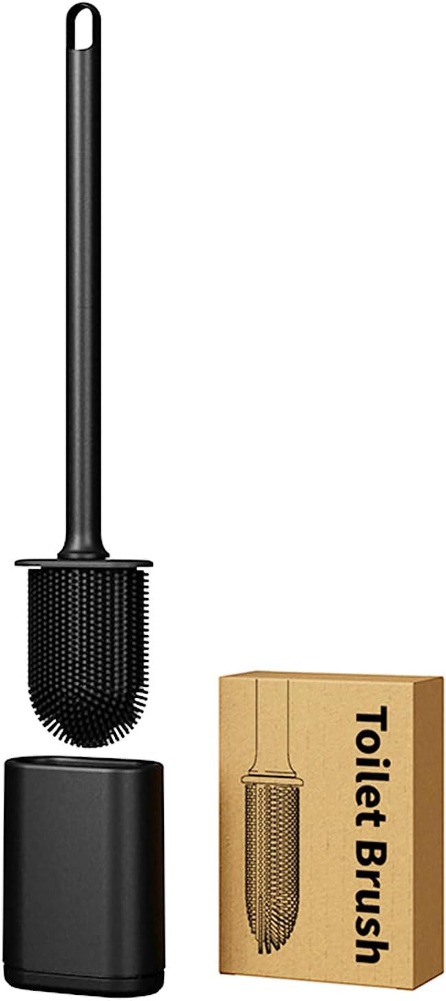 Kucucyle Dual-Sided RV Silicone Toilet Brush with TPR Bristles & Detachable ABS Handle Set, Wall Mountable Toilet Bowl Brush,Flexible Cleaners Brushes for 360°Deep Cleaning Bathroom/Camper (Black)