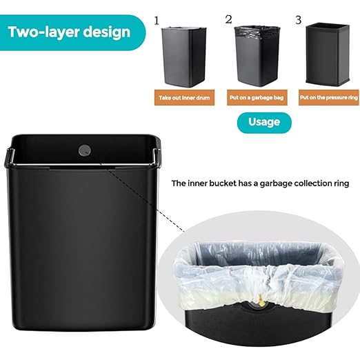 4.7 Gallon/18L Black Trash Can,Commercial Metal Trash Bin, Large Capacity Garbage Can, Business Waste Basket, for Desk, Office,Kitchen, Hotel, Home(18L Black)