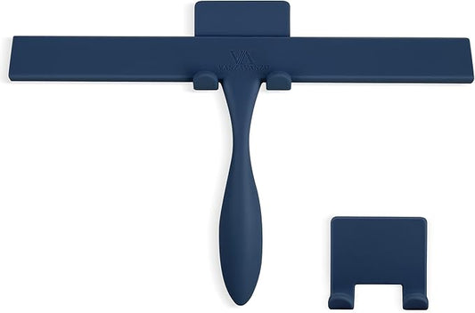 Squeegee for Shower Glass Door, 11-Inch Shower Squeegee for Glass Doors, Bathroom Silicone Squeegees Wiper for Shower with Non-Slip Handle, No-Drilling Silicone Hanging Hook, for Tiles (Dark Blue)