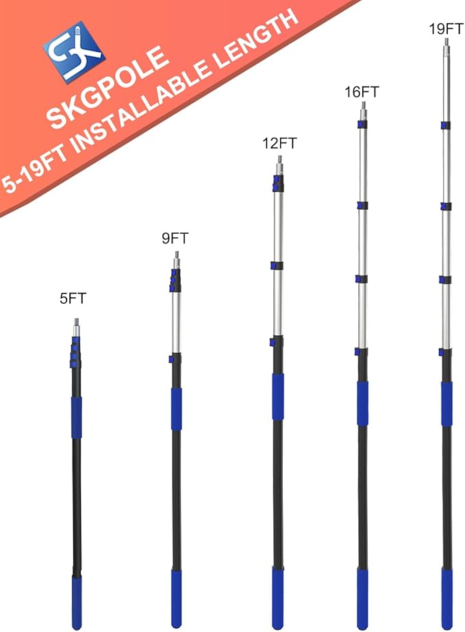 SKGPOLE 26FT Reach Telescopic Extension Pole, 5-19FT Multi-Purpose Extension Pole with Universal Twist-on Metal Tip, Sturdy Aluminum Paint Roller Extension Pole for Squeegee, Paint Roller, Duster