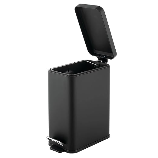 mDesign Pedal Bin — Waste Bin with Pedal, Lid and Plastic Bucket Insert for Bathroom, Kitchen, and Office — Metal Household Rubbish Bin with Ergonomic Design — Black