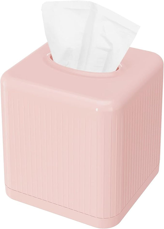 Livelab Tissue Box Cover with Base - Square Plastic Holder, Decorative Case, Modern Facial Paper Dispenser for Bathroom, Vanity Countertops, Night Stands, Desk - Pink