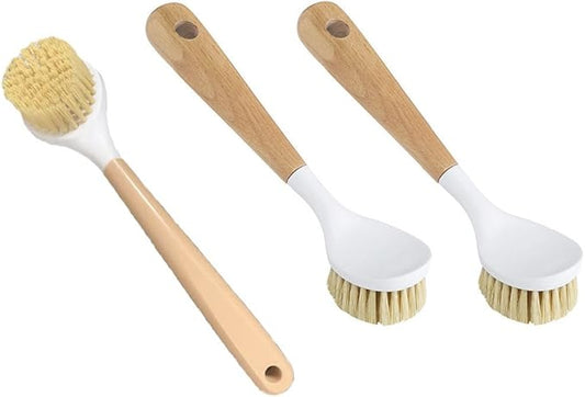 3 Pack Dish Brush Set with Bamboo Handle,Dish Scrubber Built-in Scraper, Scrub Brush for Pans, Pots, Kitchen Sink Cleaning with Tough Bristles for Cleaning Cast Iron Cookware