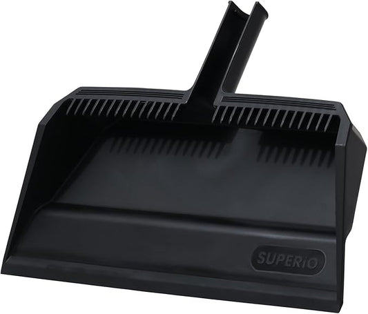 Superio Wide Plastic Dustpan with Comb - 16" Wide, Rubber Lip, Broom Handle Clip, Black
