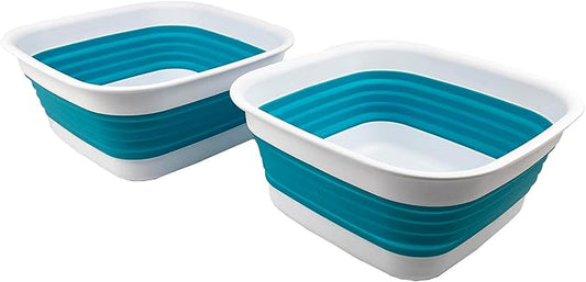 SAMMART 8L (2.1 Gallon) Collapsible Tub - Foldable Dish Tub - Portable Washing Basin - Space Saving Plastic Washtub (White/Ceramic Blue (Set of 2))