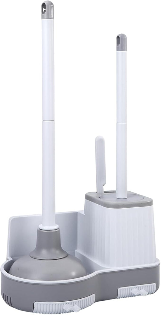 GENERIC Toilet Brush and Plunger Set, Integrated Storage 3-in-1 Toilet Brush and Plunger Combo with Gap Cleaning Brush, Bathroom Multi-Purpose Cleaning Set (White Gray)