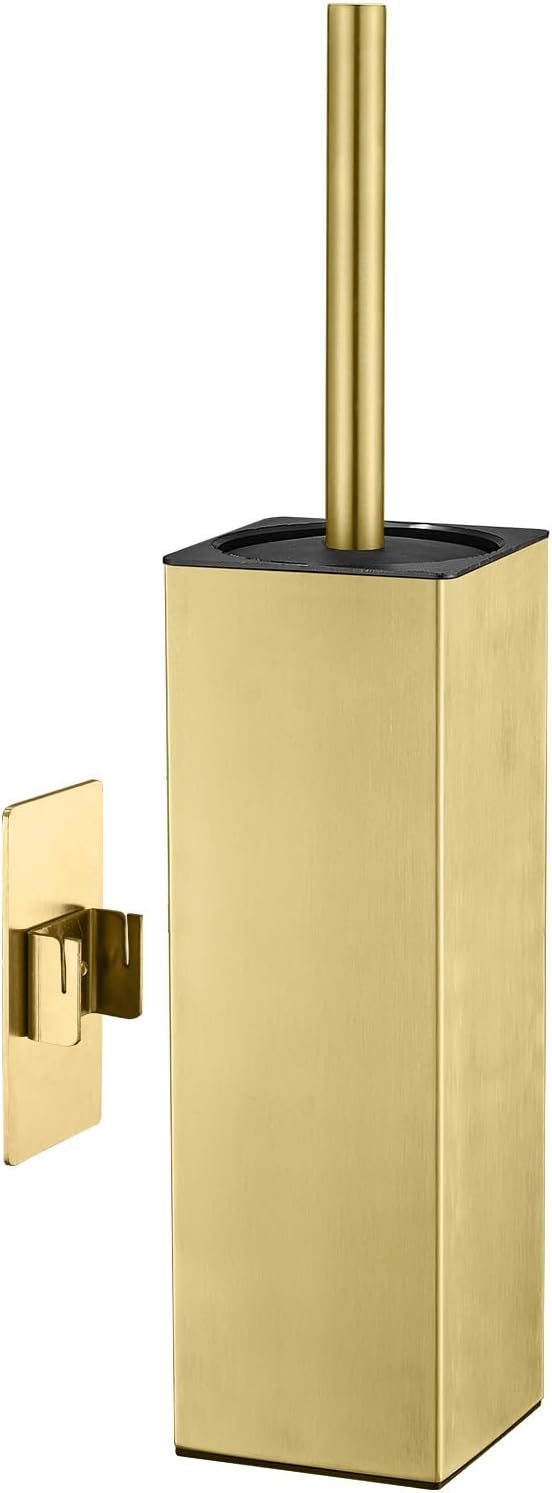 Brushed Gold Stainless Steel Toilet Brush, Square No-Punch Hook Base Toilet Brush Holder Removable Inner Bucket and Splash Proof Cover - Soft Bristles (Non-Drill Square Plastic caps Gold)