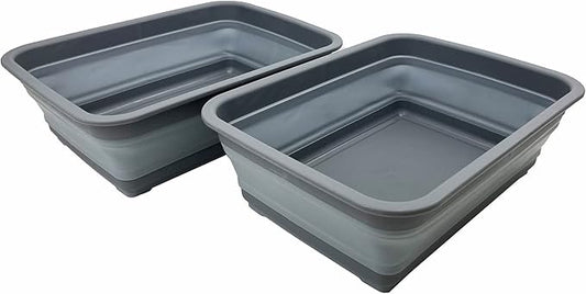 SAMMART 8L (2.1 Gallon) Set of 2 Collapsible Tub - Foldable Dish Tub - Portable Washing Basin - Space Saving Plastic Washtub (Grey)