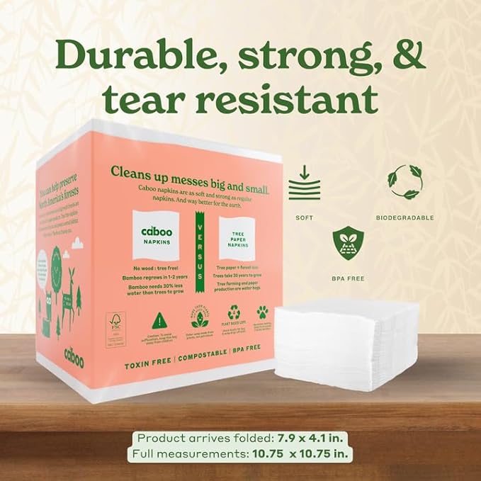 Caboo Tree Free Dinner Napkins - 4 Packs of 150, 600 Total Paper Napkins, Sustainable and Disposable White Napkin